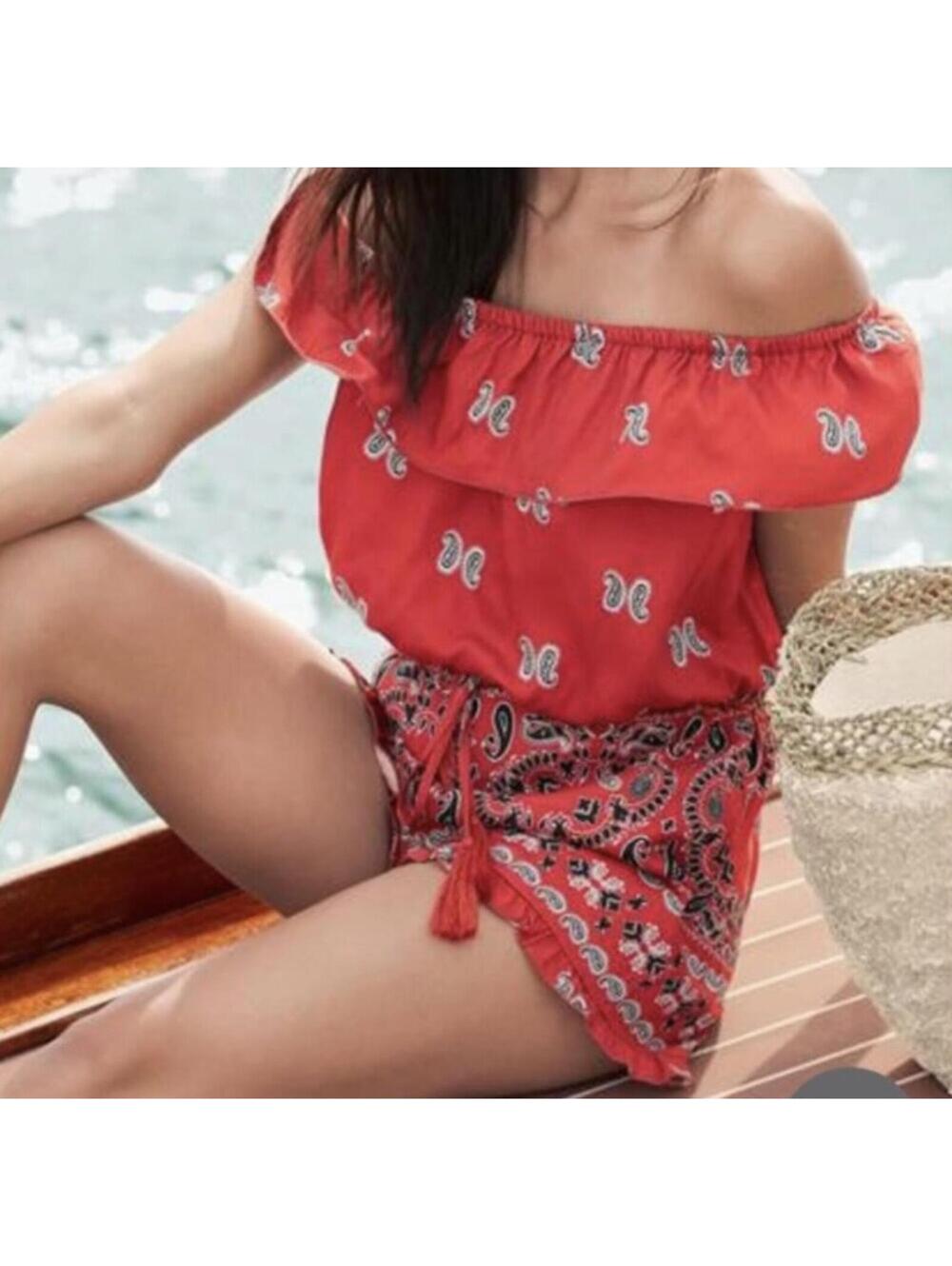 Venus Red Off-Shoulder Paisley Print Romper with Ruffle Trim
